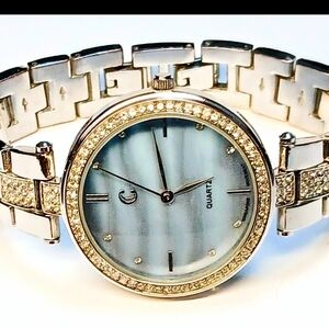 Stainless Steel Charming Charlie Blue Face Watch Iced With Gems 7" Bracelet Band